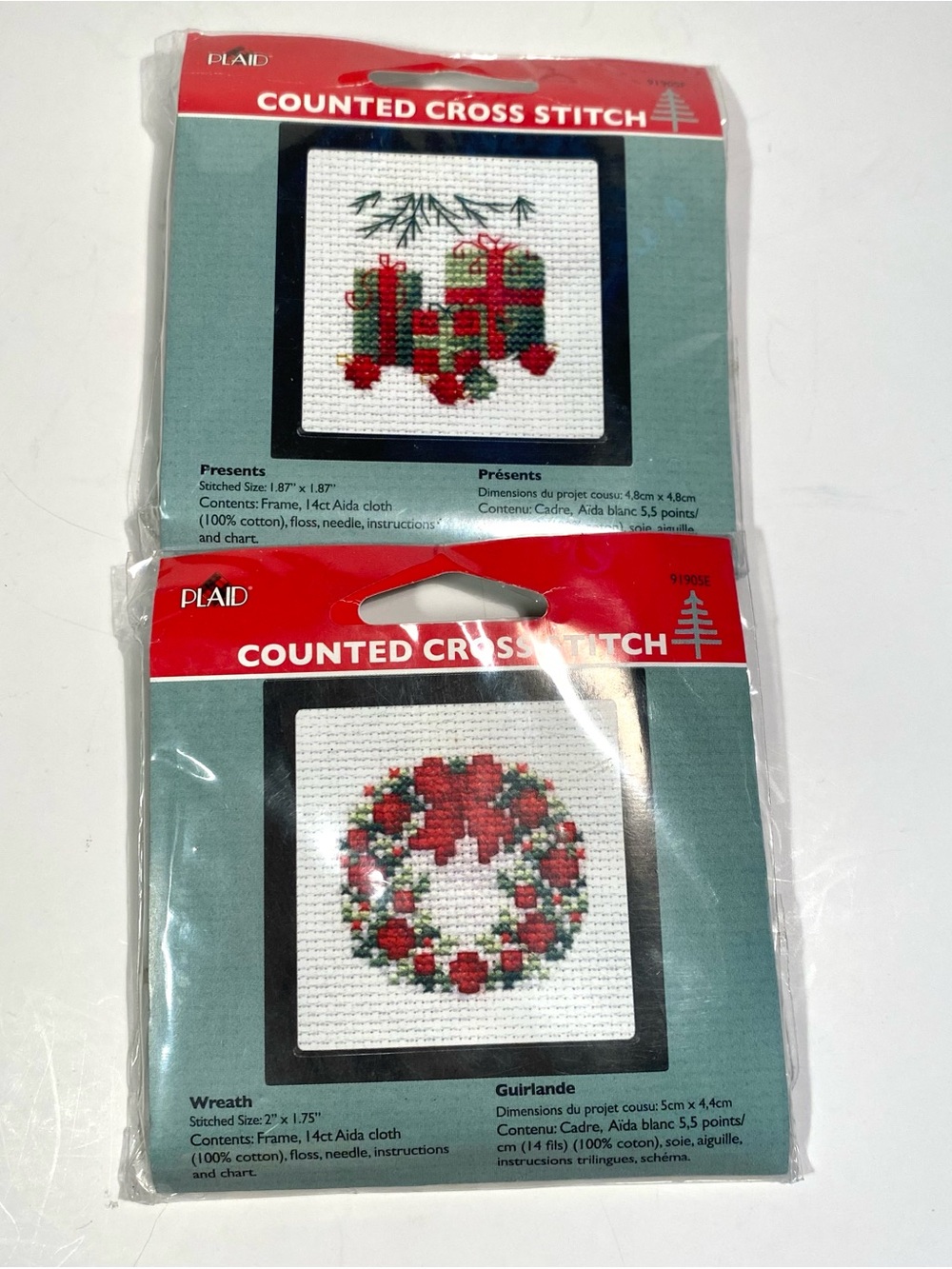 Set of 2 Plaid Counted Cross Stitch Holiday Ornament Kits Wreath and Presents
